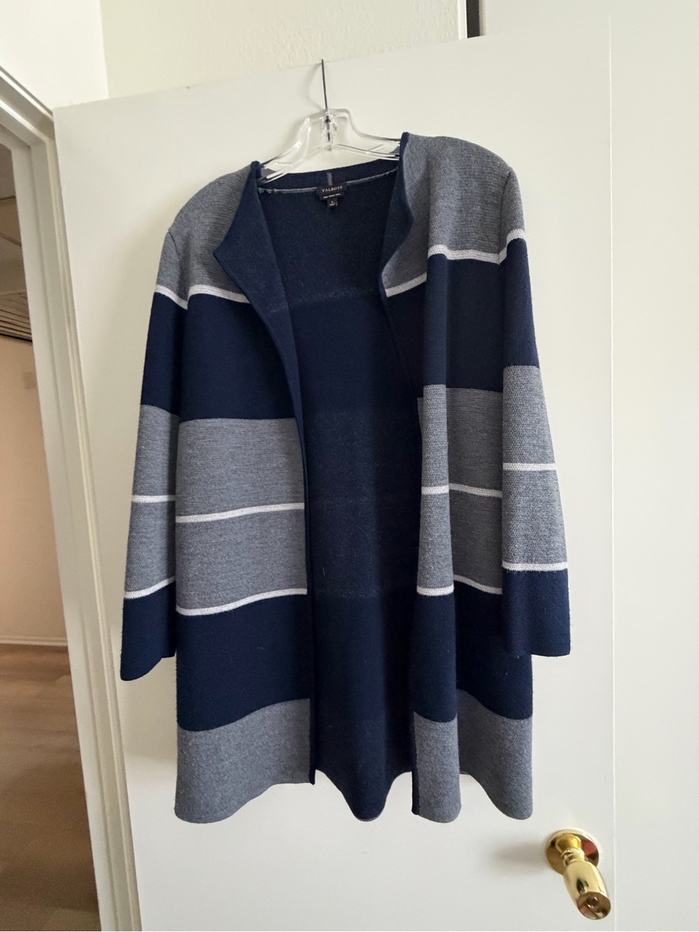 Talbots Navy and Gray Striped Open-Front Cardigan